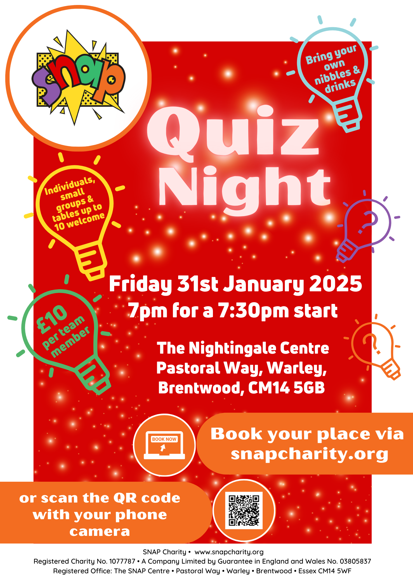 Poster promoting SNAP's Quiz Night on Friday 31 January from 7pm. Poster features large light bulb icons, SNAP logo and a QR code to book. 