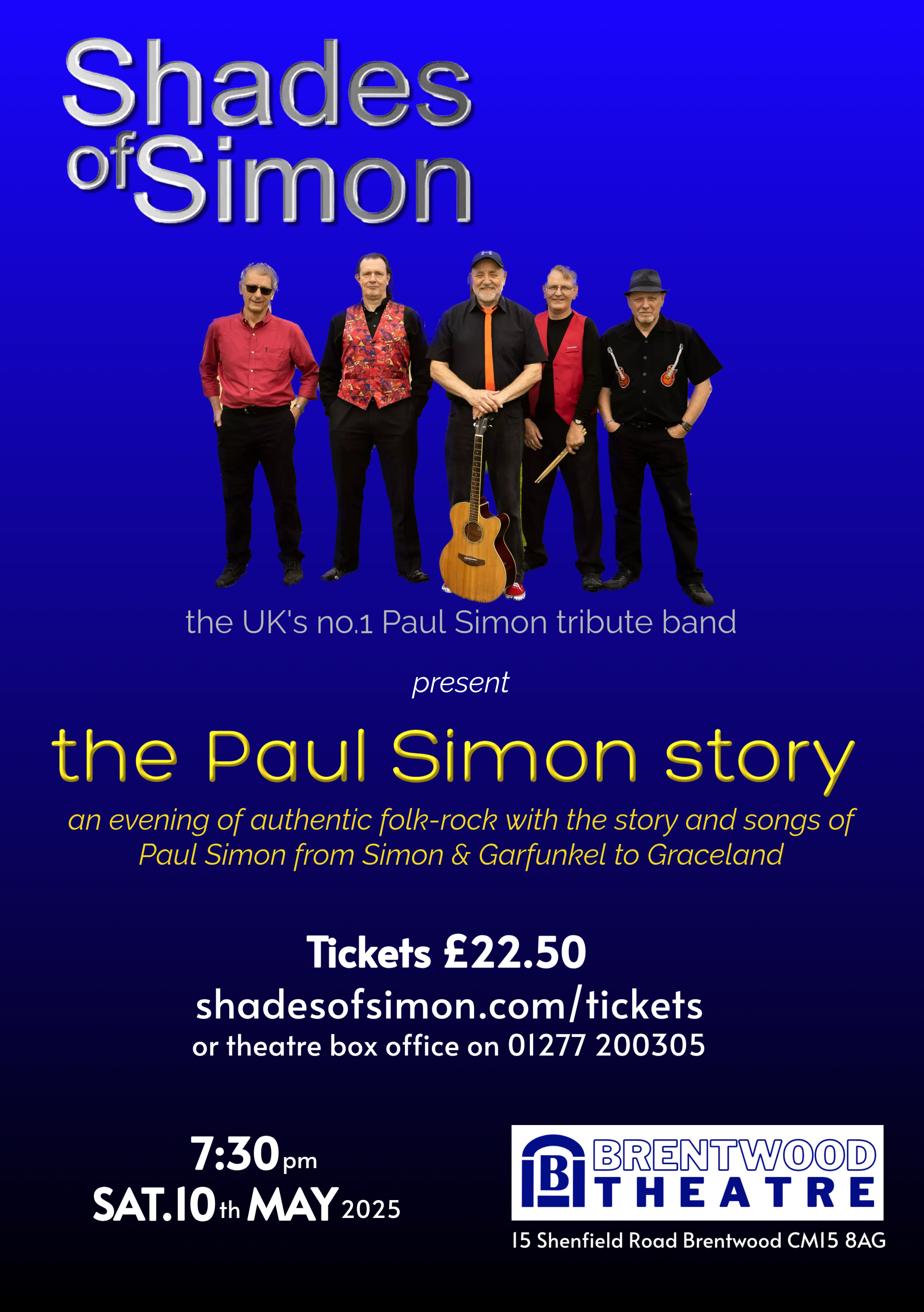 A poster promoting 'Shades of Simon' from a Paul Simon tribute band, taking place at Brentwood Theatre on 10 May 2025.