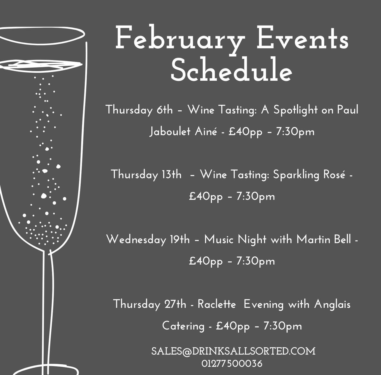 February Events Schedule for Liquorice Wine & Deli for February 2025, including wine tastings and music nights.