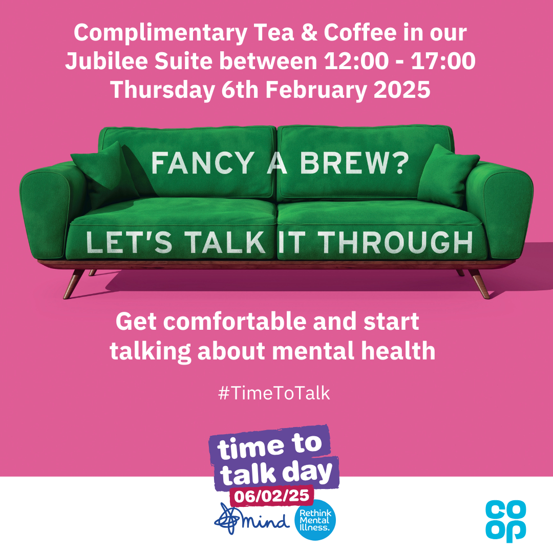 Image promoting Time To Talk day at King George's Playing Fields on Thursday 6 February 2025. Image shows a green sofa with the words 'FANCY A BREAK? LET'S TALK IT THROUGH'.  The event is supported by Mind Charity and the Co-Op